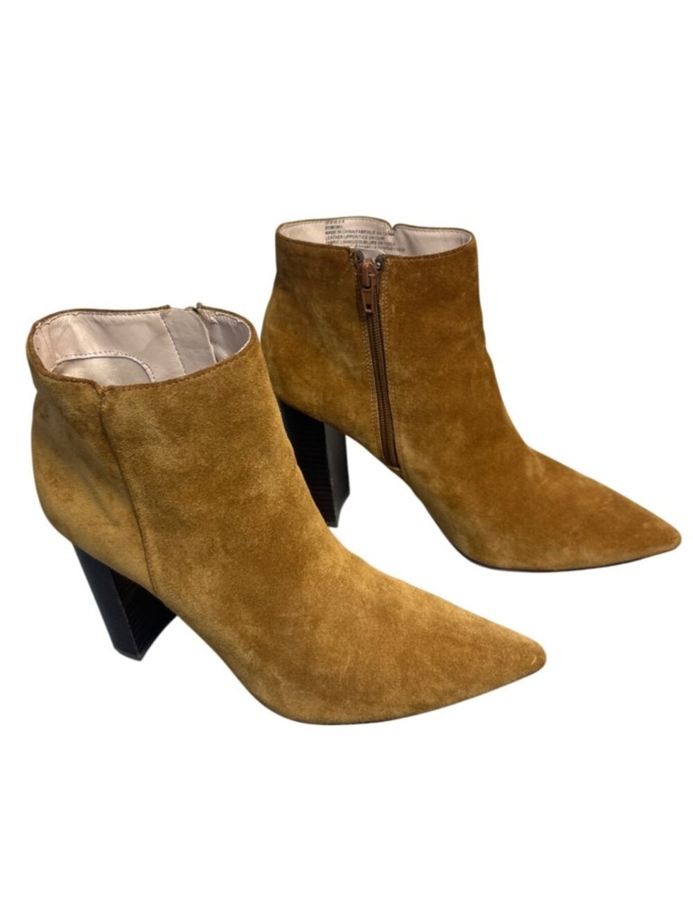Saks Fifth Avenue Camel Suede Pointed Toe High Heel Ankle Boots 9.5M Block Heel - Picture 3 of 13